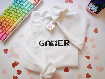 Gamer Sweatshirt | White Sweatshirt | Gifts for Gamers | Kawaii Sweater | Gamer Girl Sweater | E-girl Clothing | Female Gamer | Reflective - SimpleCreationzCo