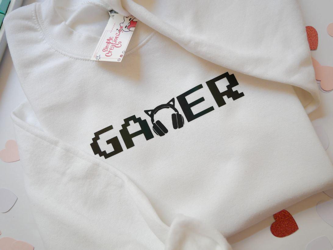 Gamer Sweatshirt | White Sweatshirt | Gifts for Gamers | Kawaii Sweater | Gamer Girl Sweater | E-girl Clothing | Female Gamer | Reflective - SimpleCreationzCo