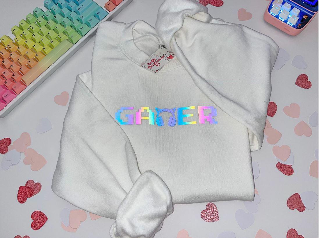 Gamer Sweatshirt | White Sweatshirt | Gifts for Gamers | Kawaii Sweater | Gamer Girl Sweater | E-girl Clothing | Female Gamer | Reflective - SimpleCreationzCo